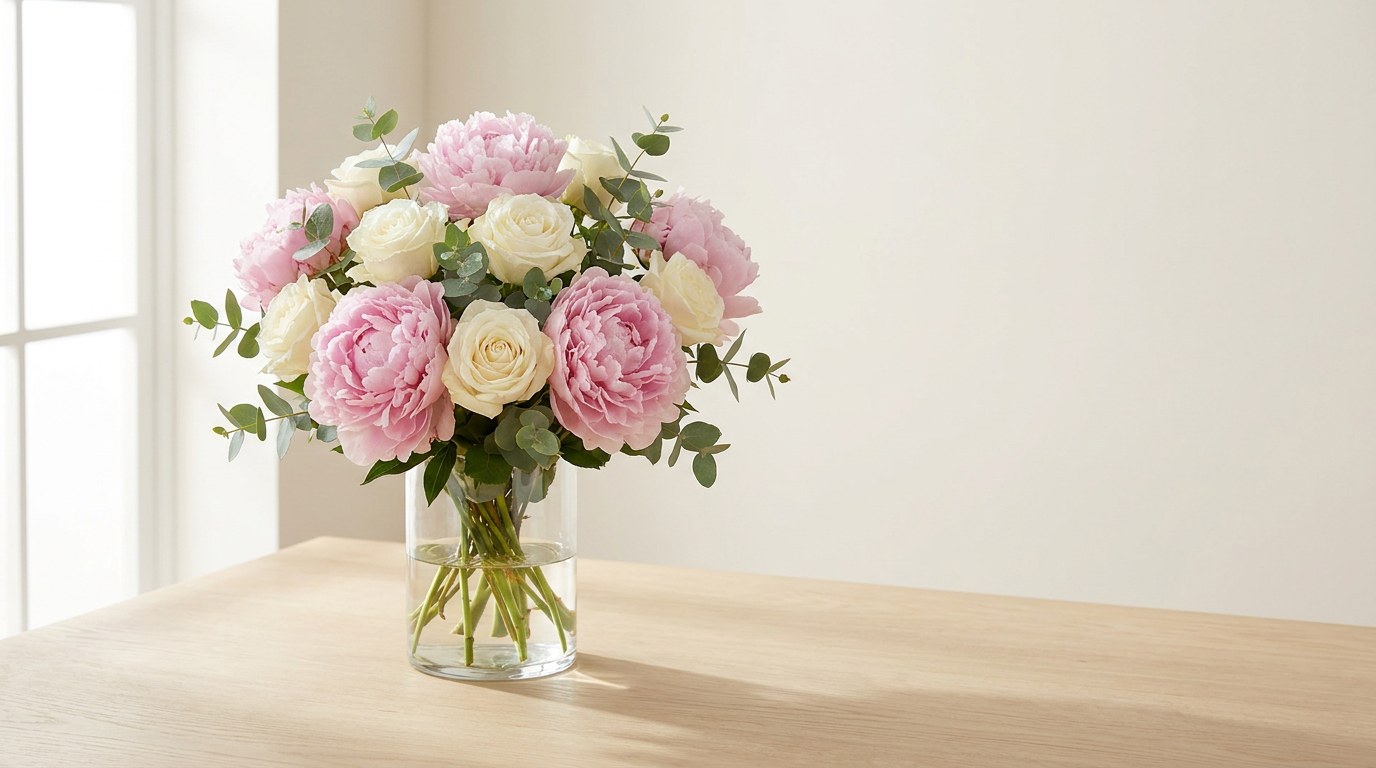 Buchet de bujori roz si trandafiri albi intr-o vaza de sticla, pe fundal neutru, cadru de studio pentru florarie online