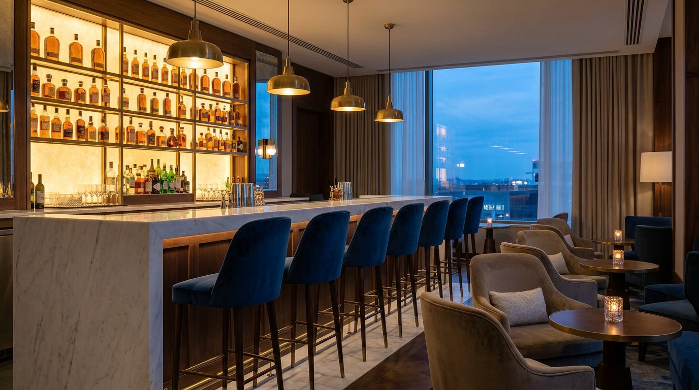 Bar de hotel elegant, cu tejghea de marmura, scaune inalte de catifea, raft de sticle luminat din spate si lampi calde suspendate deasupra tejghelei