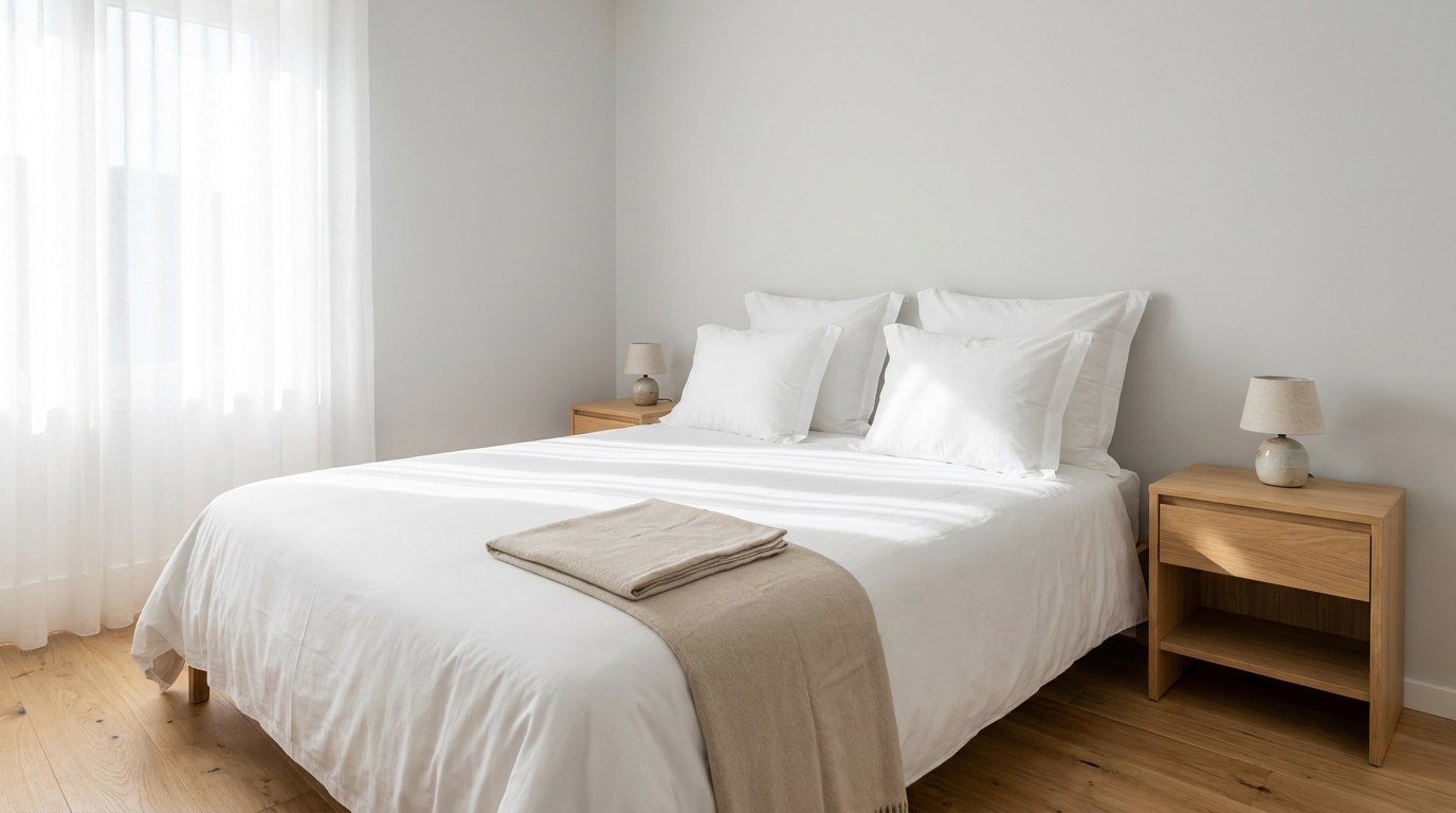 Dormitor luminos de apartament in regim hotelier, cu pat alb facut impecabil, pled bej la picioare, noptiere din lemn si lumina de dimineata prin perdeaua alba