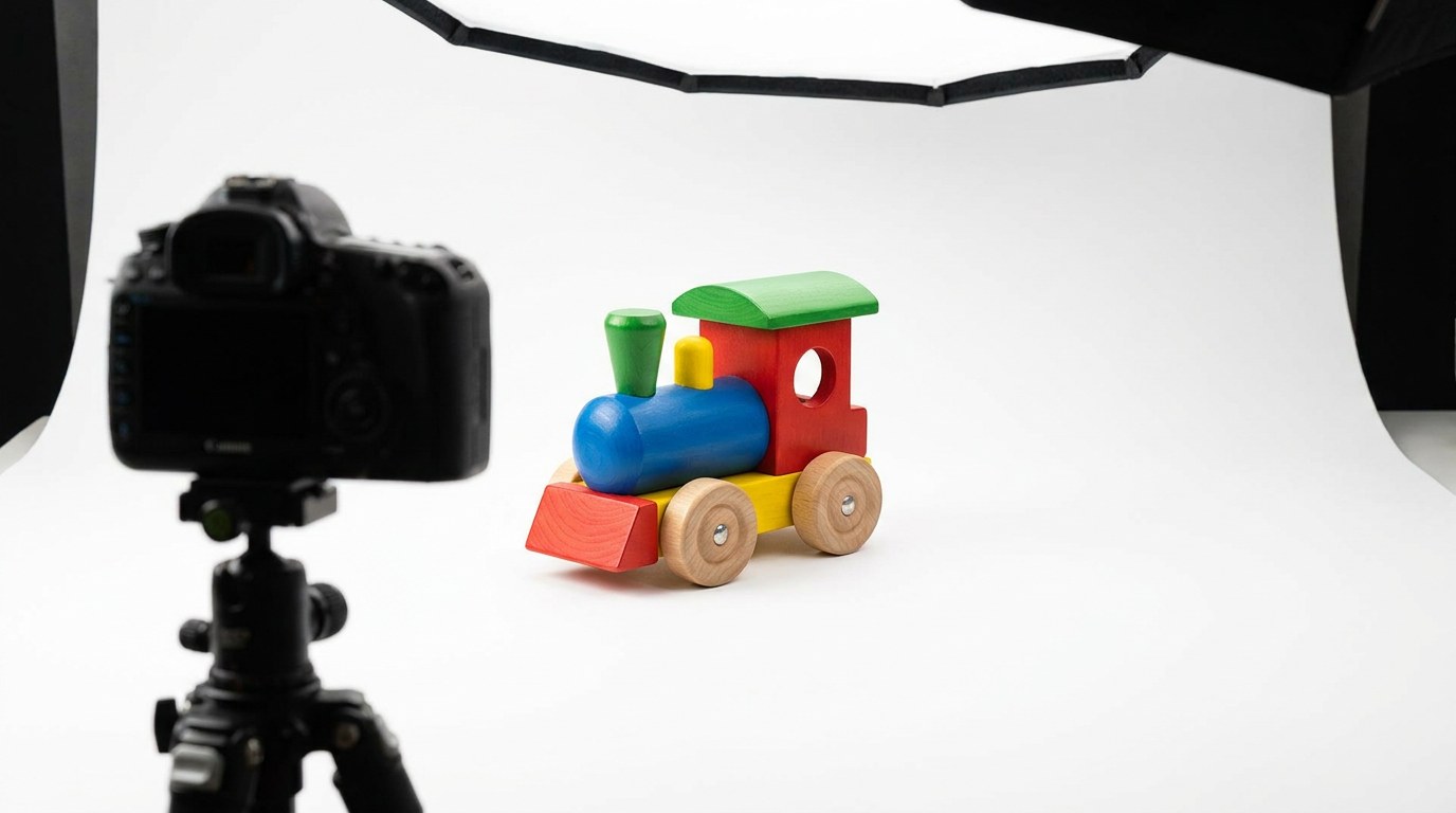 Trenulet din lemn colorat pe fundal alb continuu, cadru de studio pentru listare online