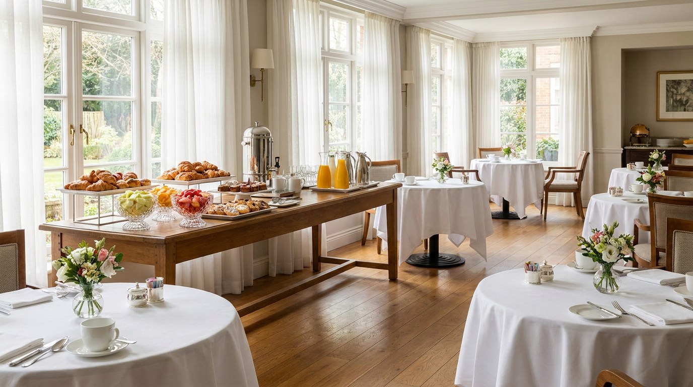 Sala de mic dejun de hotel in lumina diminetii, cu bufet lung cu cornuri, fructe taiate si carafe de suc, mese rotunde cu fete de masa albe, cesti de portelan si flori proaspete