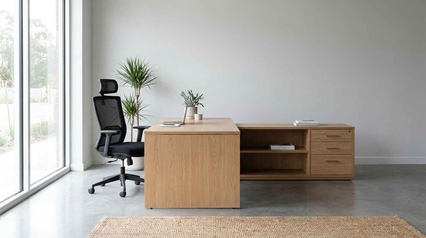 Birou de lucru din lemn cu scaun ergonomic si dulap de dosare, intr-un showroom luminos de mobilier de birou