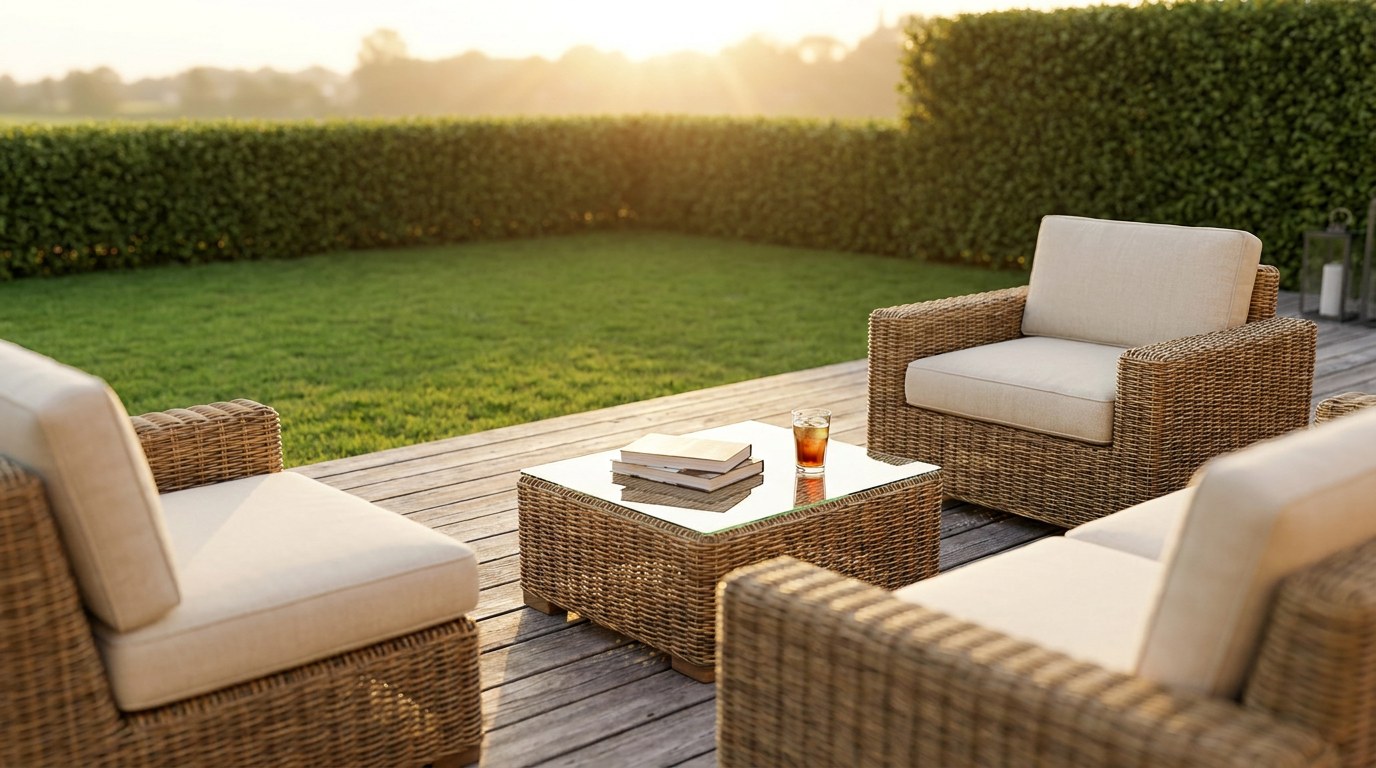Set de mobilier de gradina din ratan cu perne crem, asezat pe o terasa de lemn in lumina blanda de seara