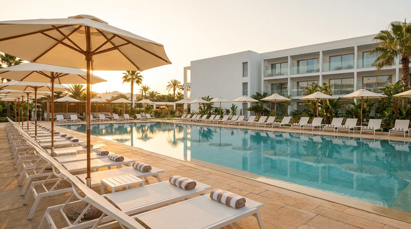 Piscina exterioara de hotel cu apa limpede, sezlonguri albe aliniate si umbrele crem, in lumina calda de seara