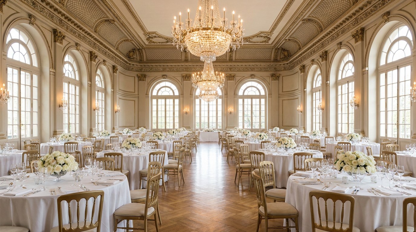 Sala de evenimente de hotel aranjata pentru nunta, cu mese rotunde, fete de masa albe, candelabre de cristal aprinse si ferestre inalte cu lumina de zi