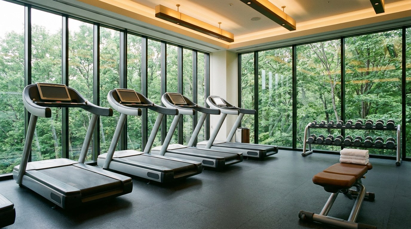 Sala de fitness de hotel luminoasa, cu benzi de alergare aliniate in fata unor ferestre mari, raft cu gantere, bancuta de forta, prosoape albe impaturite si pardoseala de cauciuc curata
