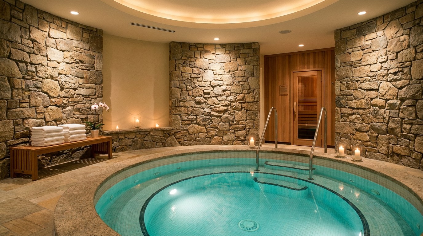 Zona de spa a unui hotel cu jacuzzi luminat cald, pereti din piatra, prosoape albe impaturite si lumanari aprinse