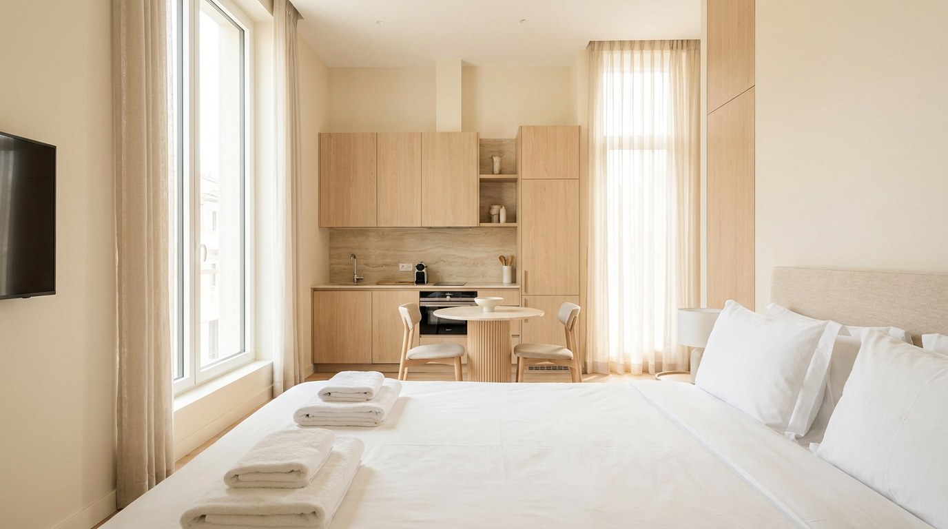 Garsoniera in regim hotelier cu pat facut, prosoape albe impaturite, chicineta din stejar si fereastra inalta cu perdea, in lumina diminetii