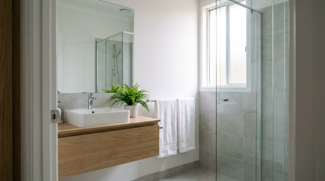 Baie mica de apartament fotografiata de la usa, cu chiuveta alba pe mobilier din stejar, oglinda mare, cabina de dus cu sticla transparenta, doua prosoape albe impaturite si lumina de zi prin fereastra mata
