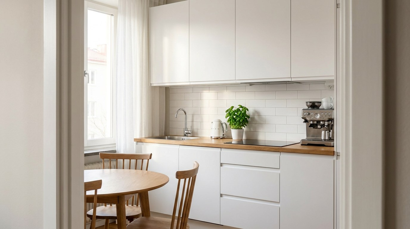 Chicineta de apartament cu fronturi albe si blat din stejar, un ibric, un espressor cu doua cani si un ghiveci cu busuioc pe blat, in lumina de dimineata de la fereastra