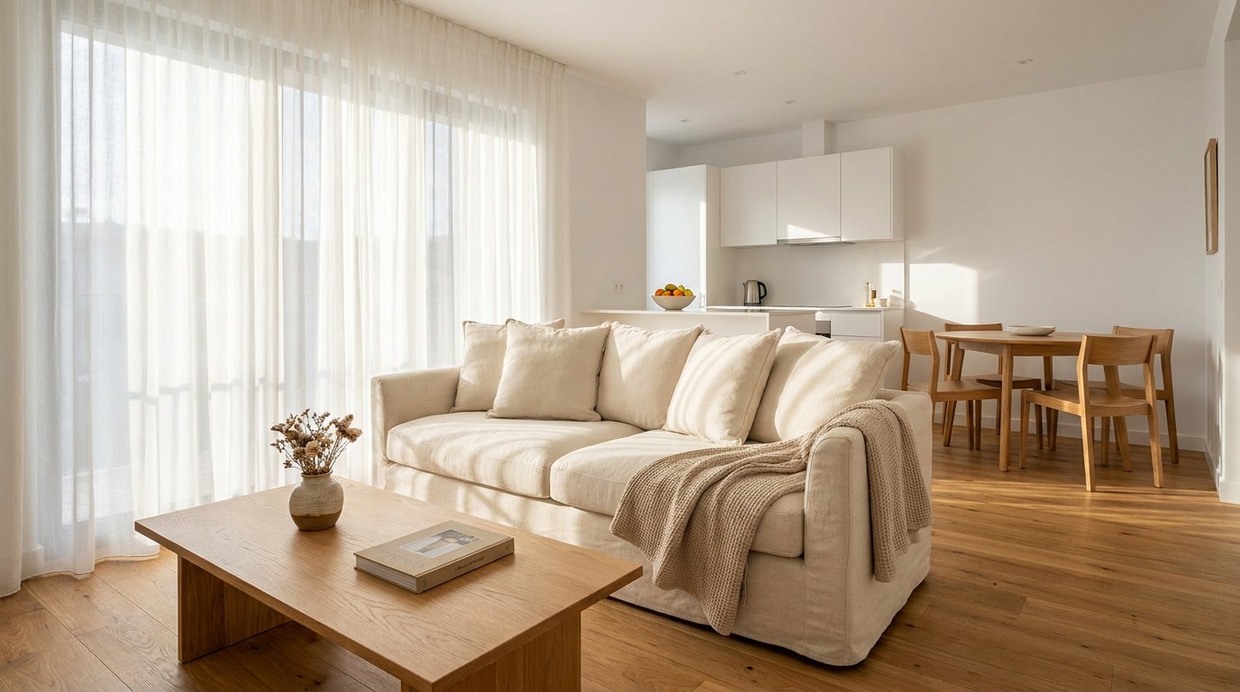 Living de apartament fotografiat din colt, cu canapea crem cu perne, masuta din stejar cu o vaza, fereastra mare cu perdea subtire si chicineta alba in fundal, in lumina de dupa-amiaza