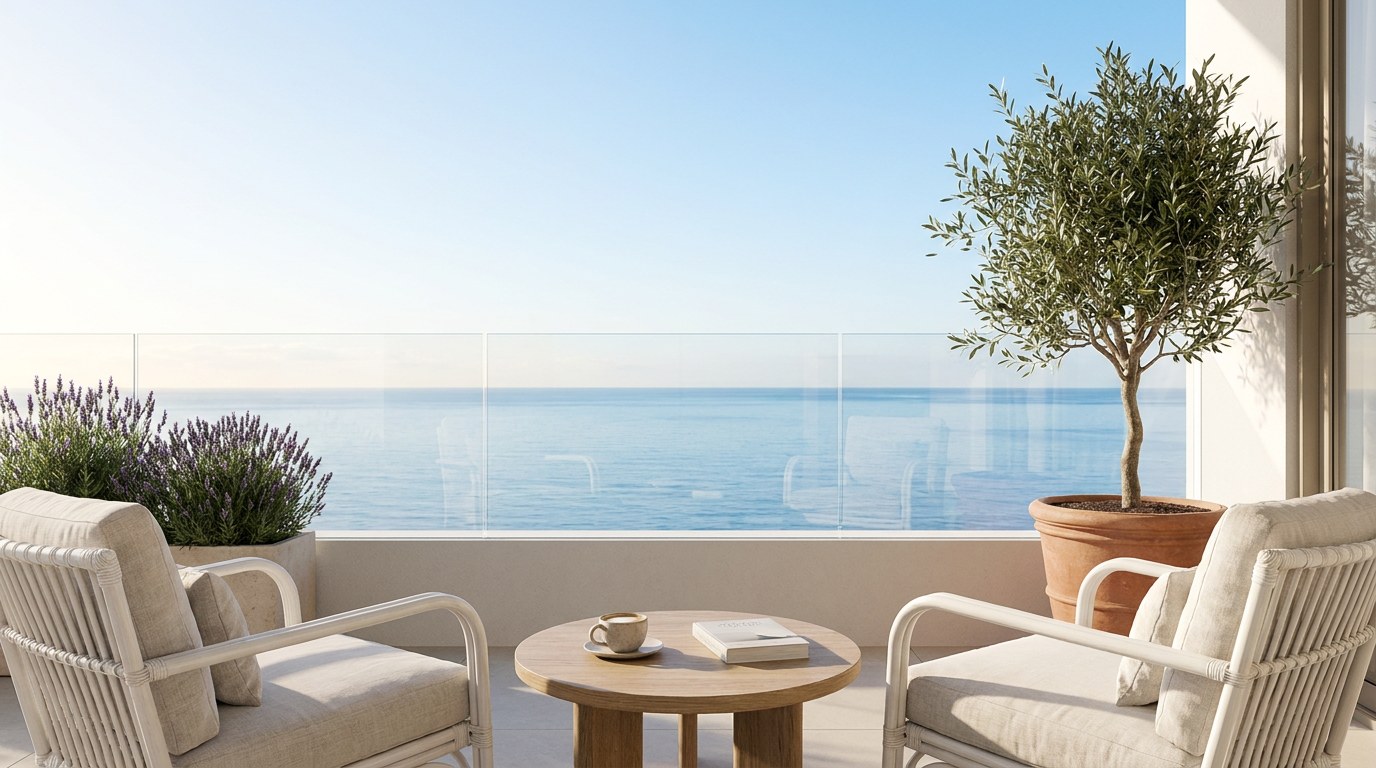 Terasa de apartament cu doua fotolii din ratan alb, masuta rotunda cu cana de cafea, maslin in ghiveci si balustrada de sticla cu vedere spre mare in lumina diminetii